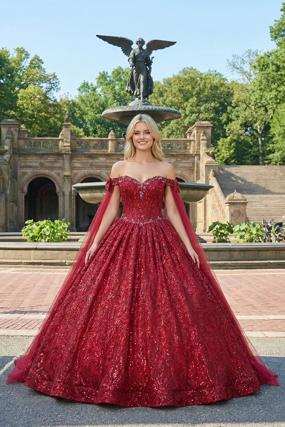 Arabella Glittery Ball Gown Cold Shoulder Quinceañera Dress With With Sheer Cape