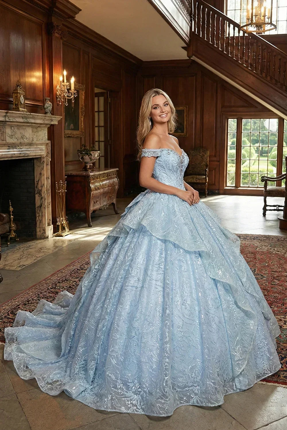 Julieta Layered Ruffled Ball Gown Cold Shoulder Quinceañera Dress With Embroidery and Bow