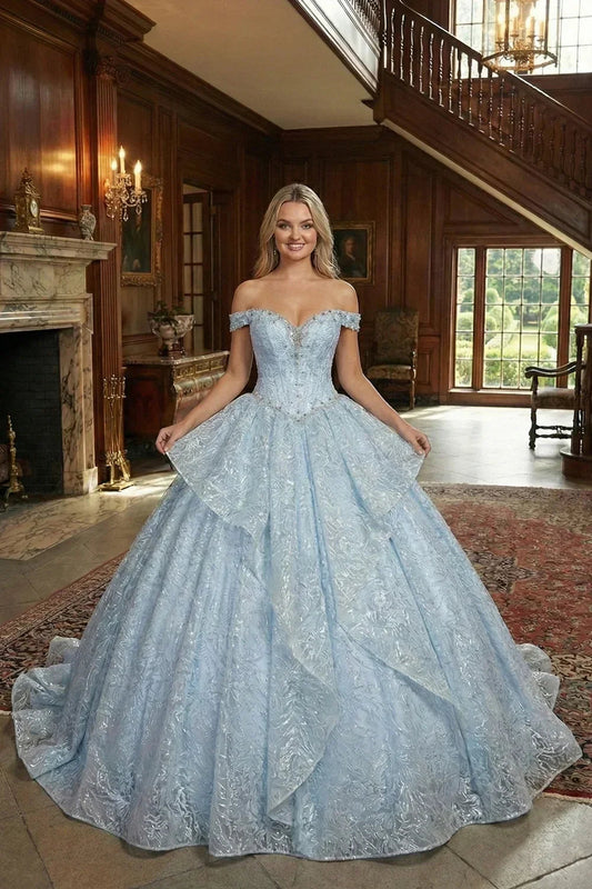 Julieta Layered Ruffled Ball Gown Cold Shoulder Quinceañera Dress With Embroidery and Bow