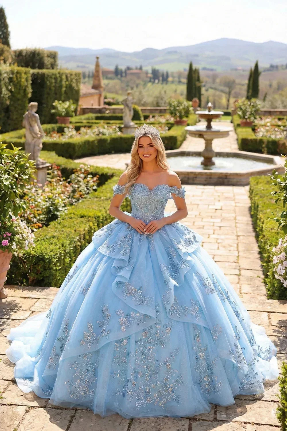 Coralina Layered Ruffled Ball Gown Cold Shoulder Quinceañera Dress With Embroidery and Bow