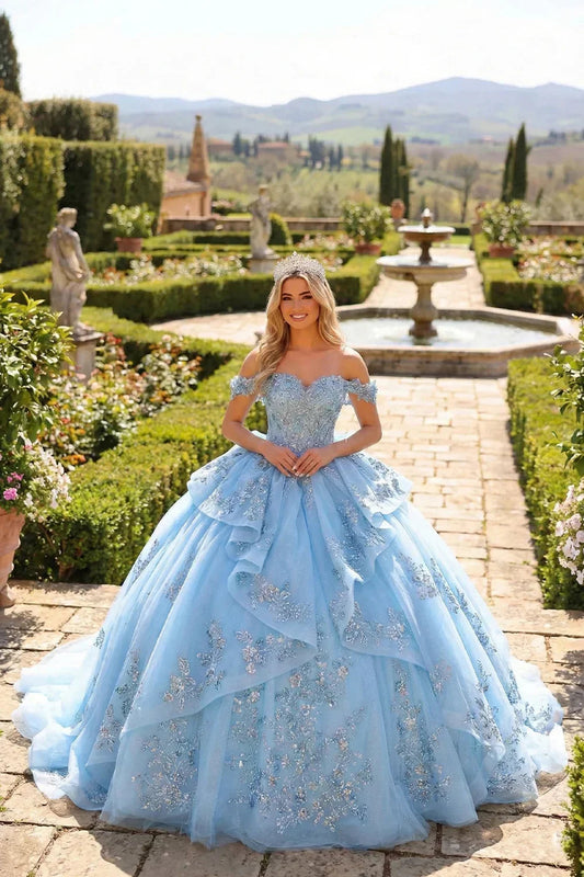 Coralina Layered Ruffled Ball Gown Cold Shoulder Quinceañera Dress With Embroidery and Bow