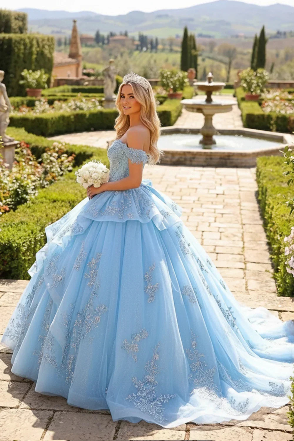 Coralina Layered Ruffled Ball Gown Cold Shoulder Quinceañera Dress With Embroidery and Bow