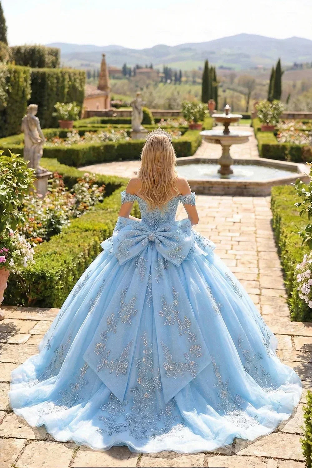 Coralina Layered Ruffled Ball Gown Cold Shoulder Quinceañera Dress With Embroidery and Bow