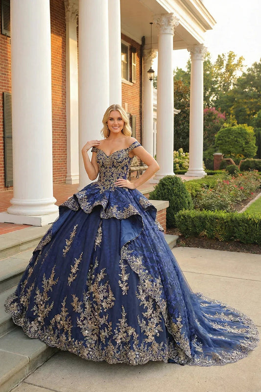 Carmina Layered Ruffled Ball Gown Cold Shoulder Quinceañera Dress With Floral Embroidery and Bow