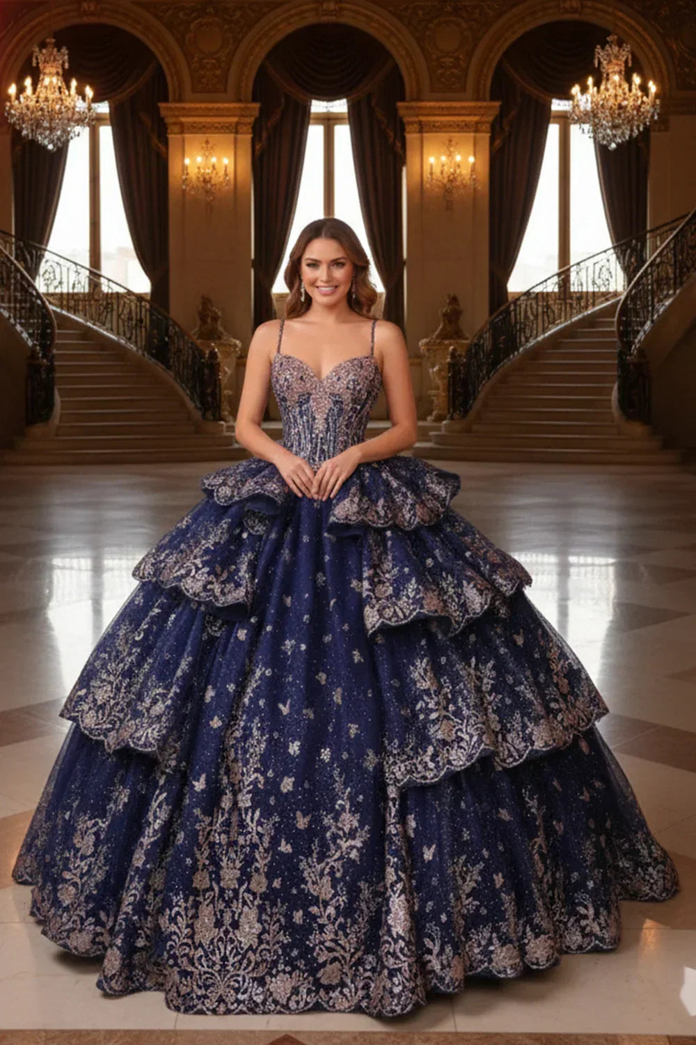 Marcela Layered Ruffled Ball Gown Cold Shoulder Quinceañera Dress With Embroidery