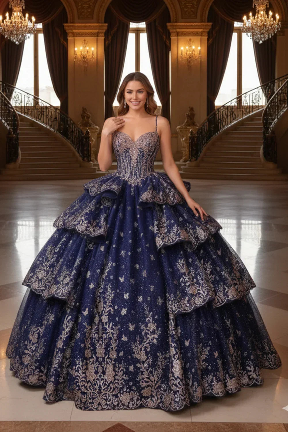 Marcela Layered Ruffled Ball Gown Cold Shoulder Quinceañera Dress With Embroidery