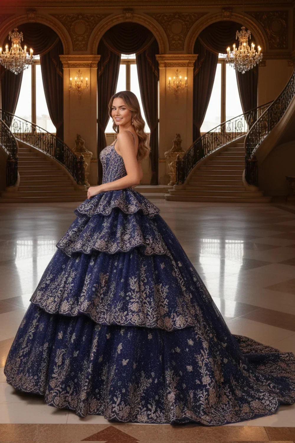 Marcela Layered Ruffled Ball Gown Cold Shoulder Quinceañera Dress With Embroidery