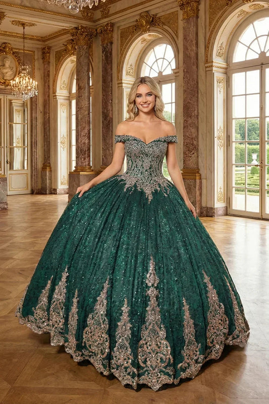 Leonora Luxurious Ball Gown Off-the-shoulder Tulle Quinceañera Dress With Intricate Lace & Glitter