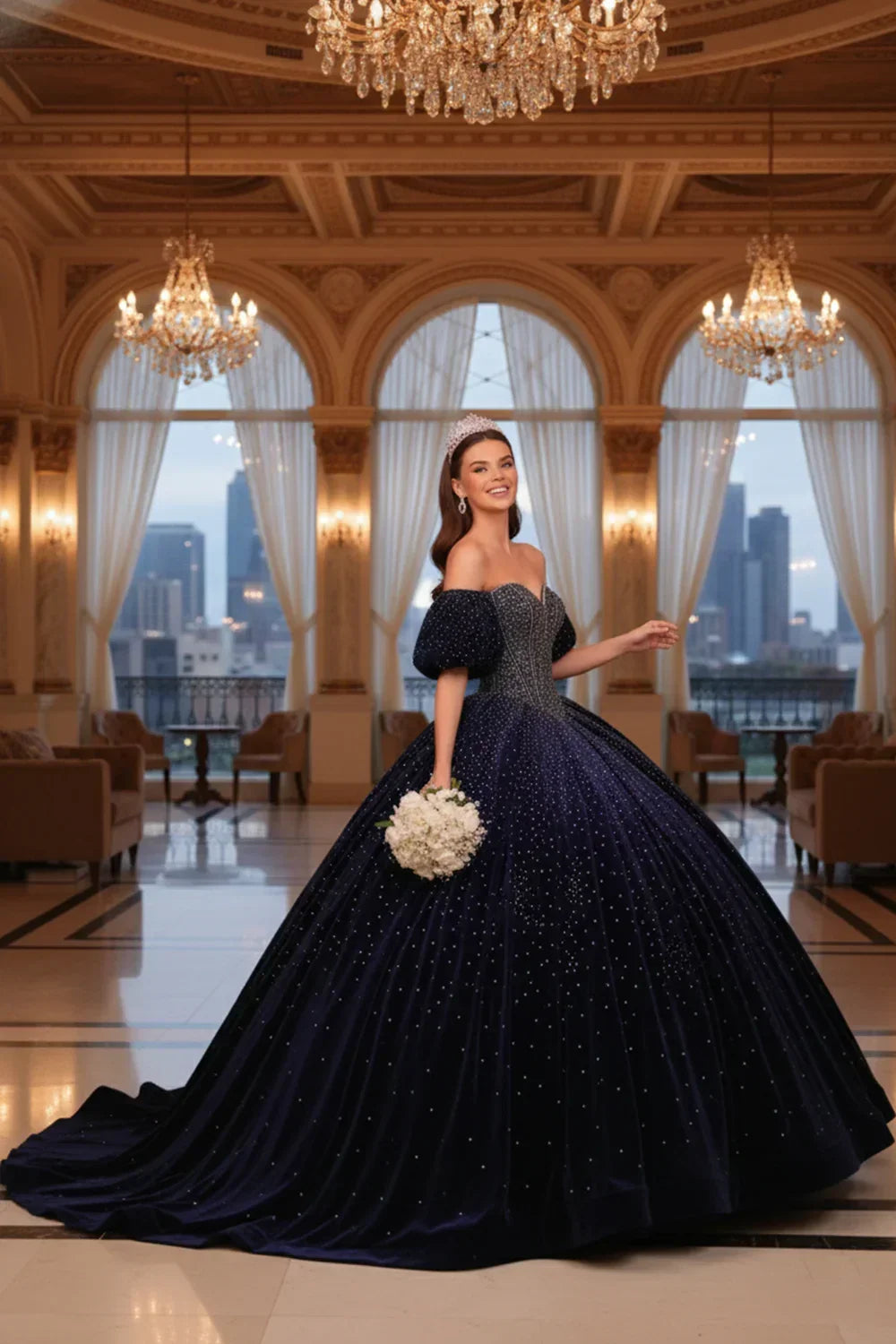 Estrella Luxurious Sparkle Ball Gown Cold Shoulder Quinceañera Dress