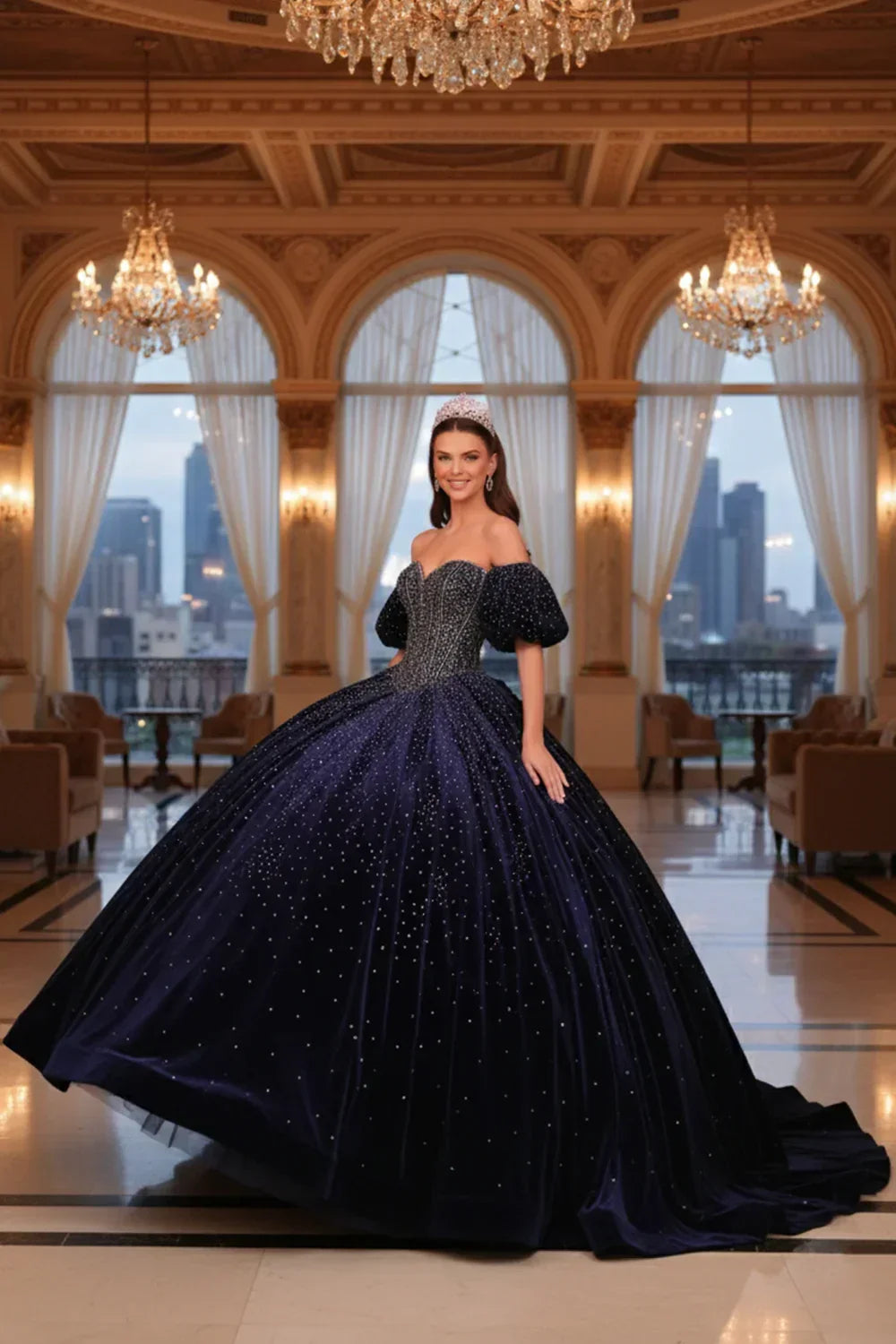Estrella Luxurious Sparkle Ball Gown Cold Shoulder Quinceañera Dress
