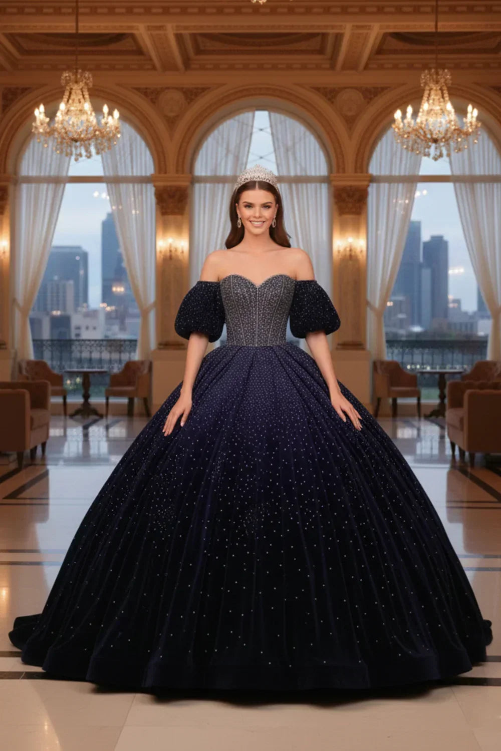 Estrella Luxurious Sparkle Ball Gown Cold Shoulder Quinceañera Dress