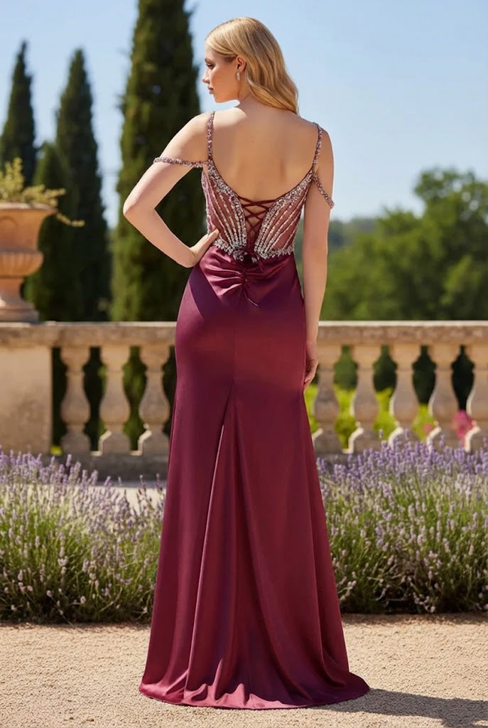 Belvara Off-the-Shoulder Beaded Corset Mermaid Prom Dress with Slit
