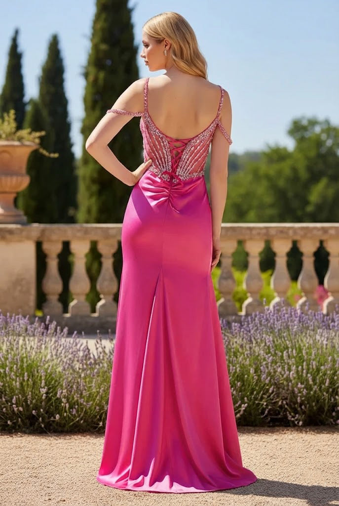 Belvara Off-the-Shoulder Beaded Corset Mermaid Prom Dress with Slit