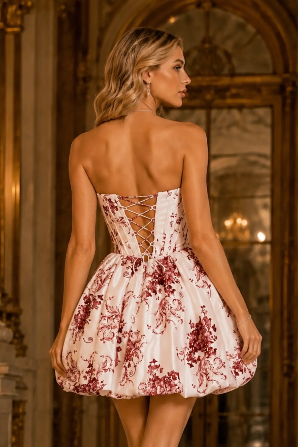 Thalia Blue Floral Strapless A-Line Mini Homecoming Dress