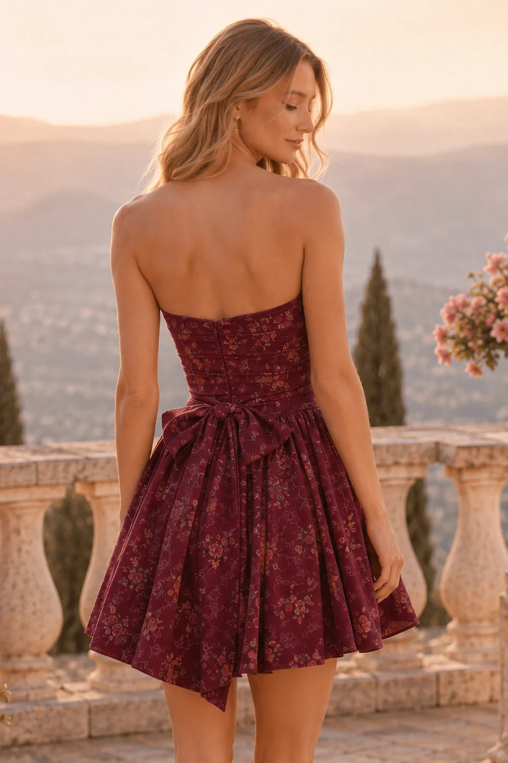 Juno Blush Floral Strapless Corset Mini Homecoming Dress