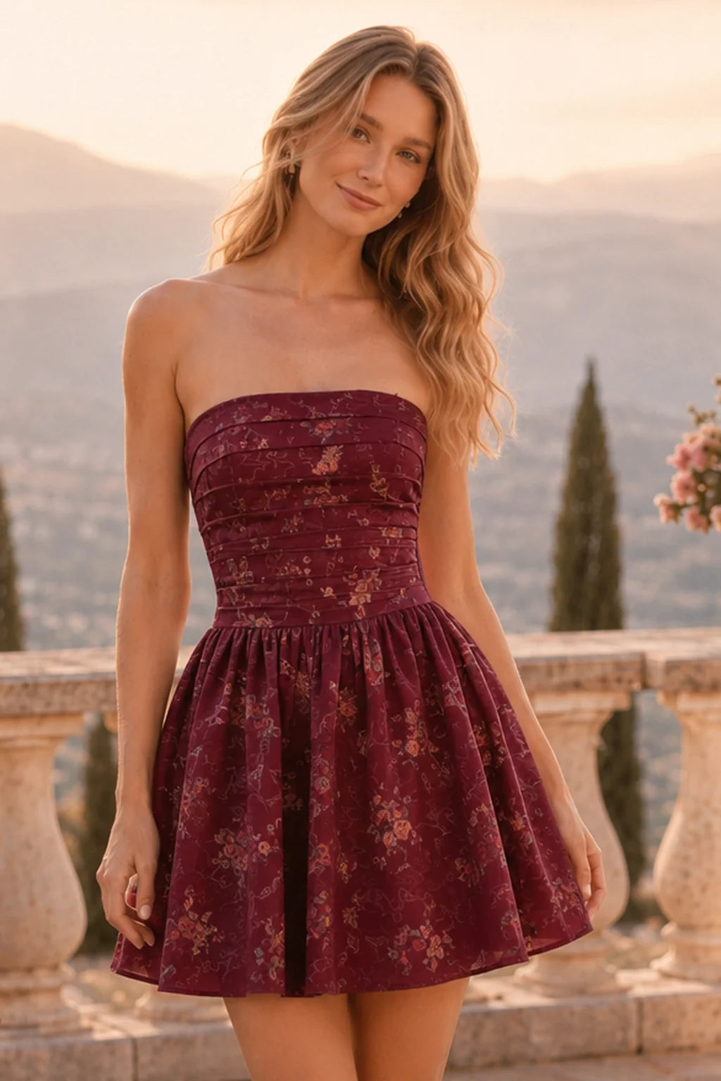 Juno Blush Floral Strapless Corset Mini Homecoming Dress
