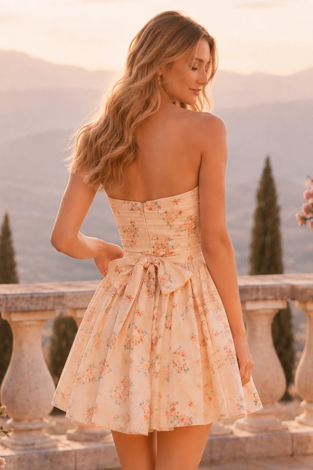 Juno Blush Floral Strapless Corset Mini Homecoming Dress