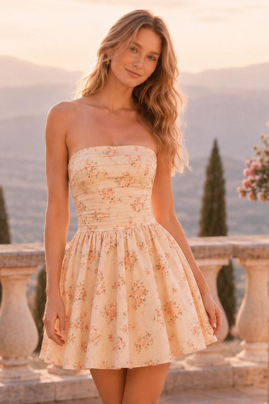 Juno Blush Floral Strapless Corset Mini Homecoming Dress