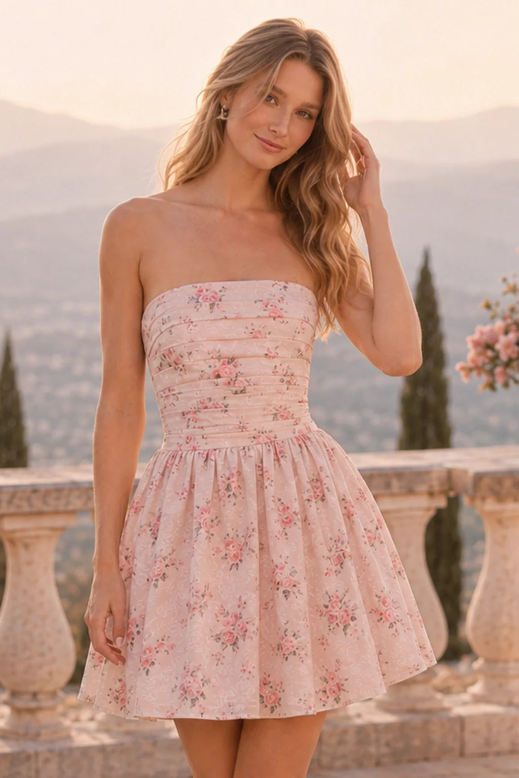 Juno Blush Floral Strapless Corset Mini Homecoming Dress