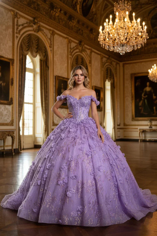 Oriana 3D Floral Ball Gown Off-the-shoulder Quinceañera Dress With Gold Accents