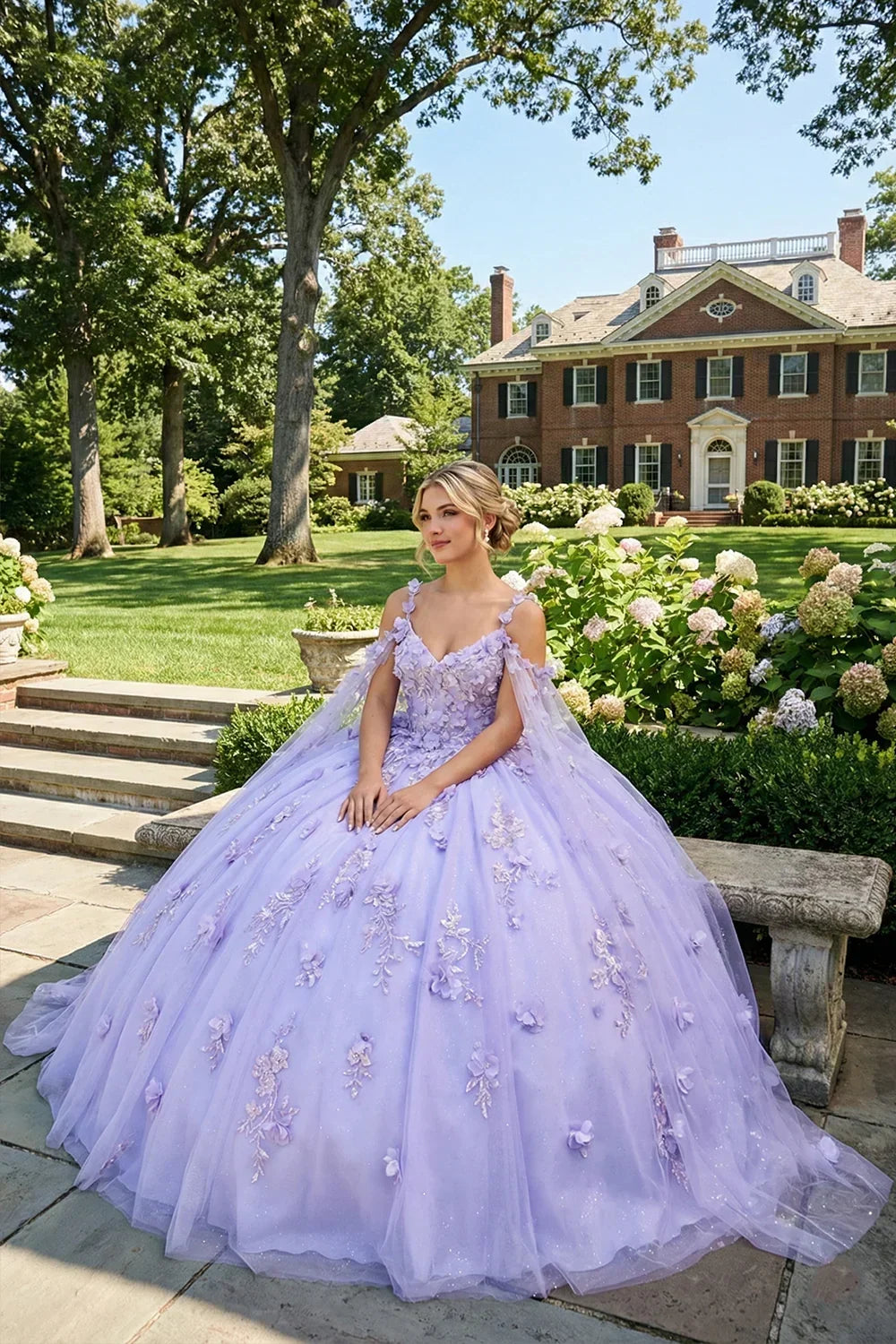Rosalinda Charming Ball Gown Cold Shoulder Quinceañera Dress With 3D Floral and Sheer Cape