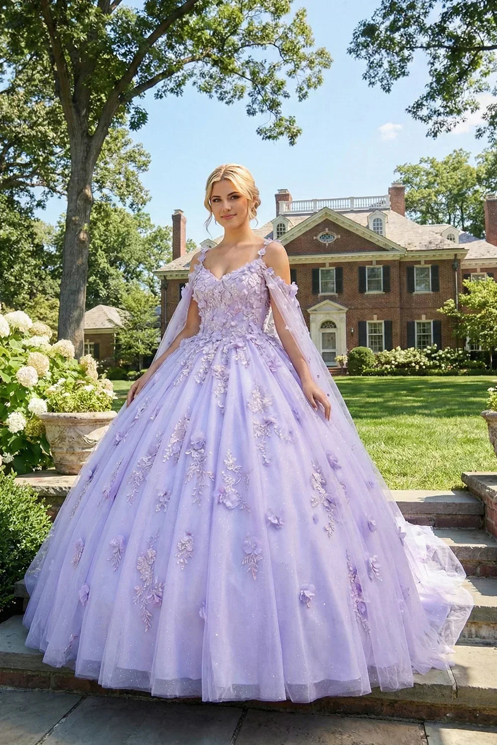 Rosalinda Charming Ball Gown Cold Shoulder Quinceañera Dress With 3D Floral and Sheer Cape