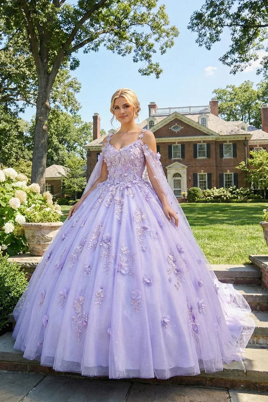 Rosalinda Charming Ball Gown Cold Shoulder Quinceañera Dress With 3D Floral and Sheer Cape