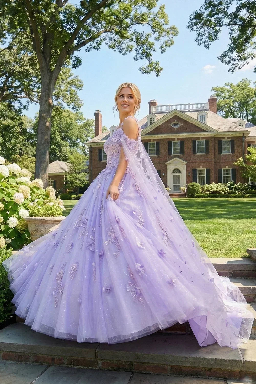 Rosalinda Charming Ball Gown Cold Shoulder Quinceañera Dress With 3D Floral and Sheer Cape