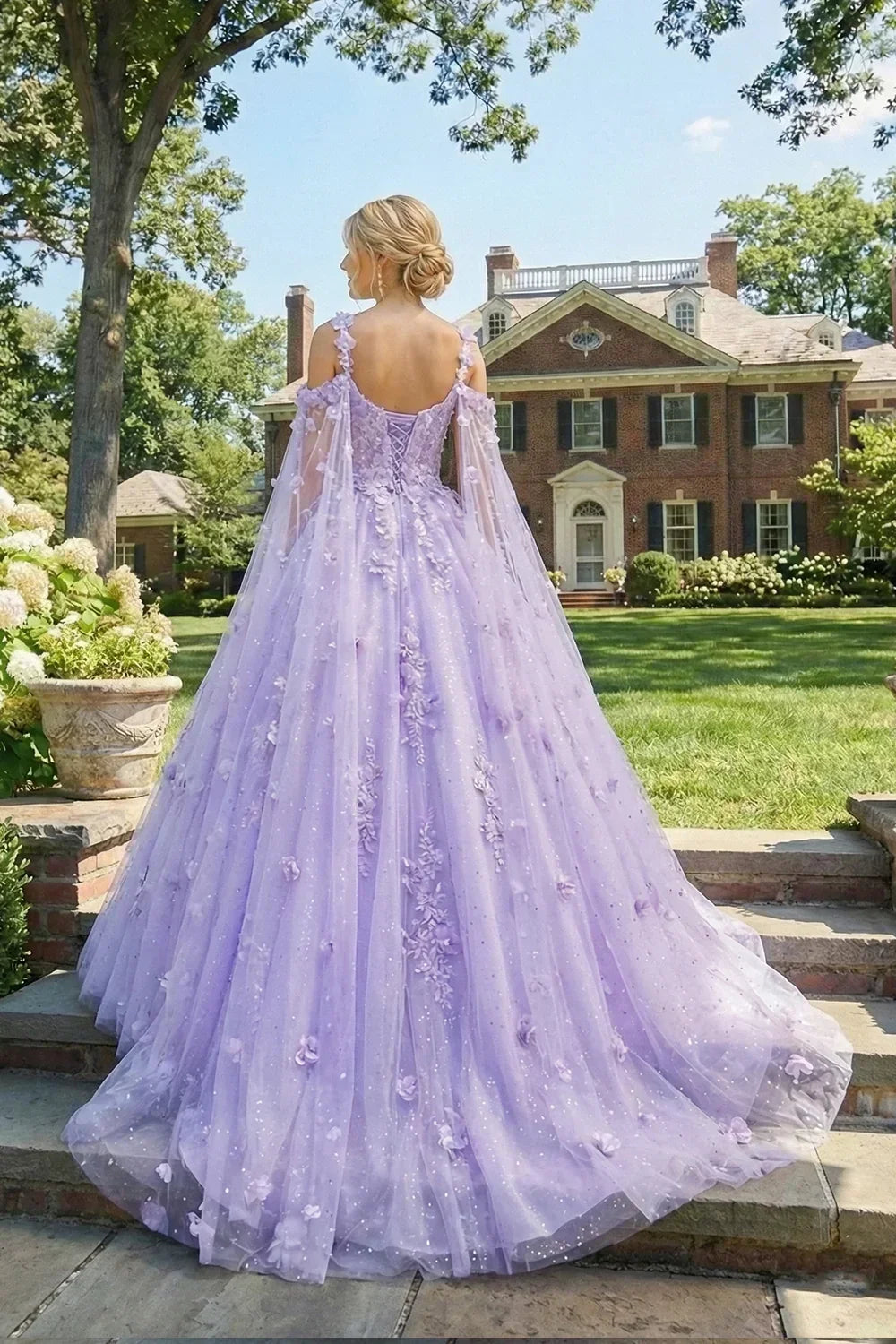 Rosalinda Charming Ball Gown Cold Shoulder Quinceañera Dress With 3D Floral and Sheer Cape