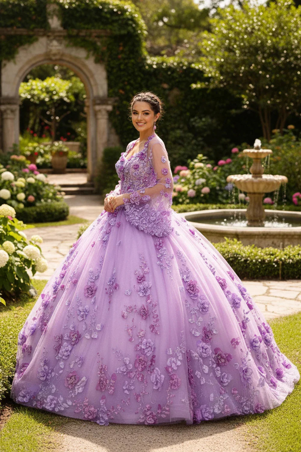 Antonella Charming Ball Gown Illusion Neck Quinceañera Dress With 3D Floral & Lace