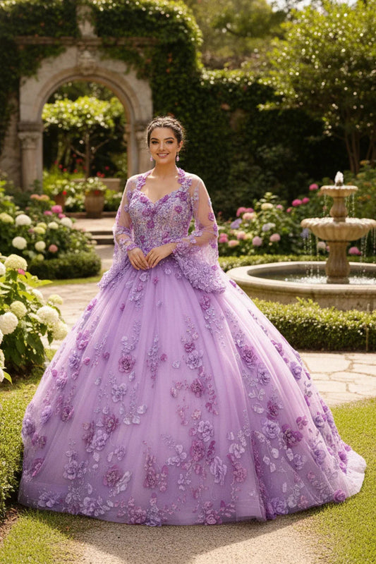 Antonella Charming Ball Gown Illusion Neck Quinceañera Dress With 3D Floral & Lace