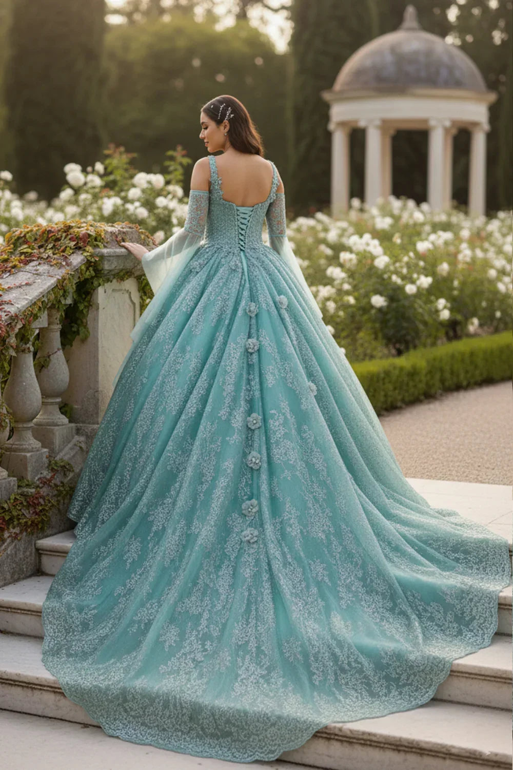 Celestina Elegant Ball Gown Cold Shoulder Quinceañera Dress With Floral Embroidery & Button Detail