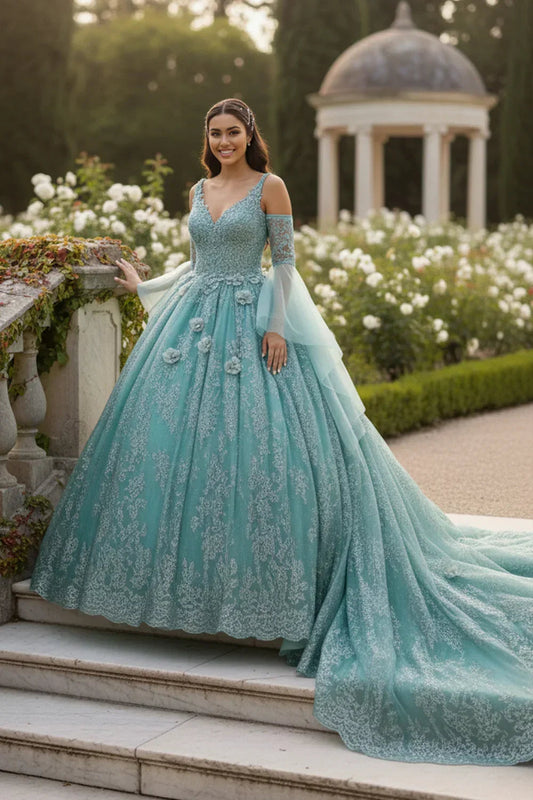 Celestina Elegant Ball Gown Cold Shoulder Quinceañera Dress With Floral Embroidery & Button Detail