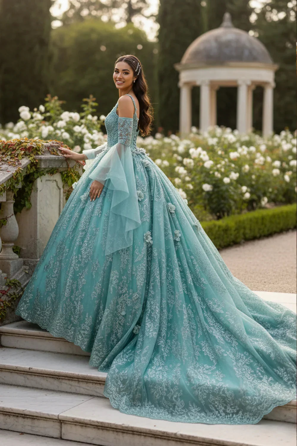 Celestina Elegant Ball Gown Cold Shoulder Quinceañera Dress With Floral Embroidery & Button Detail