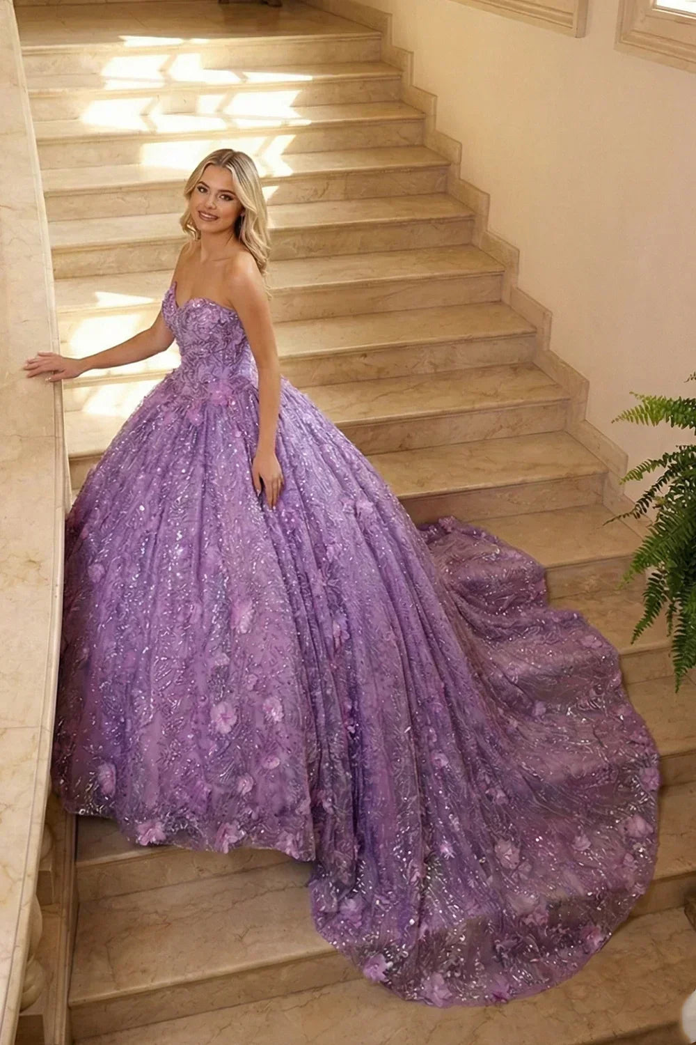 Violeta Elegant Ball Gown Strapless Quinceañera Dress With Floral Embroidery and Sequin
