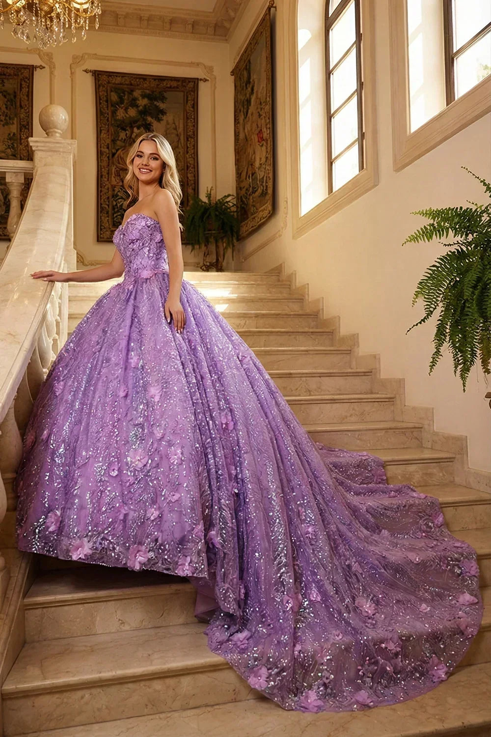 Violeta Elegant Ball Gown Strapless Quinceañera Dress With Floral Embroidery and Sequin