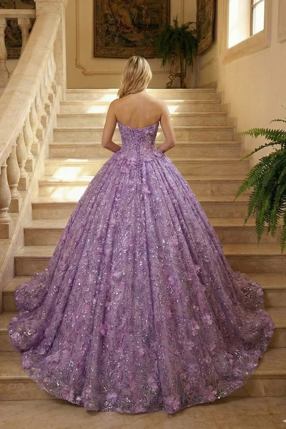 Violeta Elegant Ball Gown Strapless Quinceañera Dress With Floral Embroidery and Sequin