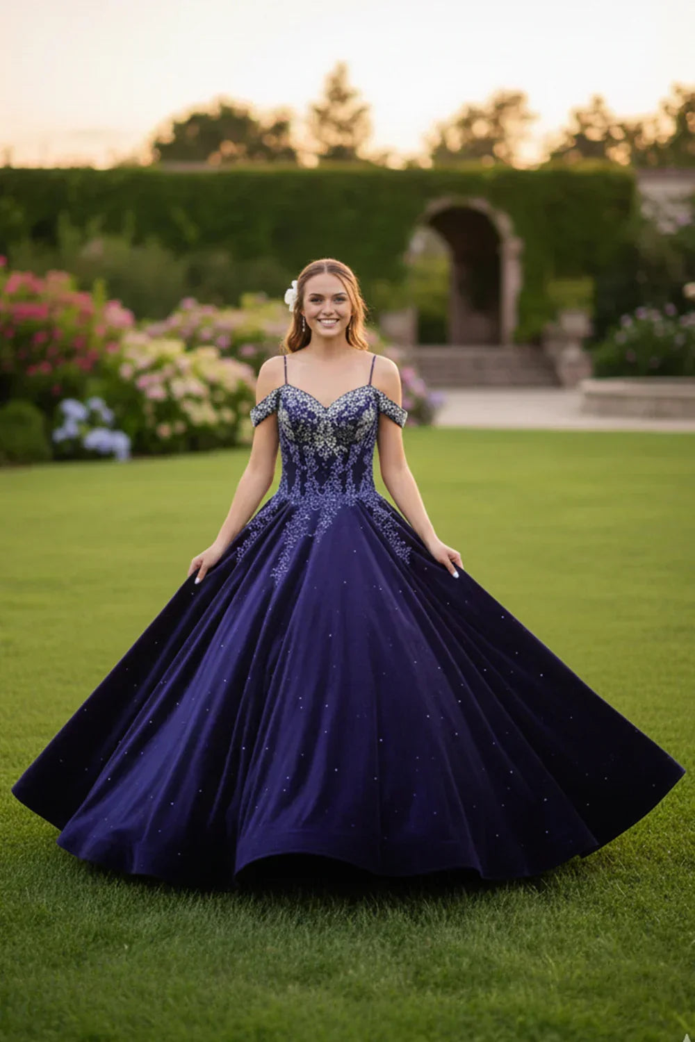 Luna Elegant Lace Ball Gown Cold Shoulder Quinceañera Dress With Sparkle