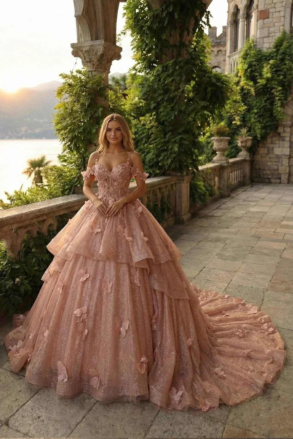 Camila Exquisite Ball Gown V Neck Ruffled Tulle Long Quinceañera Dress With Beading And Appliques