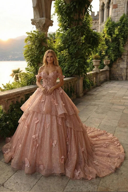 Camila Exquisite Ball Gown V Neck Ruffled Tulle Long Quinceañera Dress With Beading And Appliques