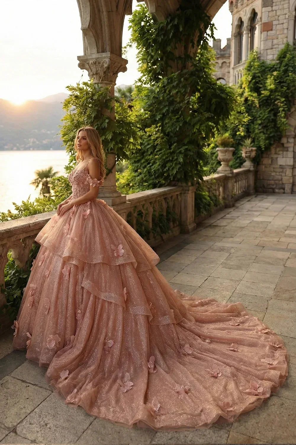 Camila Exquisite Ball Gown V Neck Ruffled Tulle Long Quinceañera Dress With Beading And Appliques