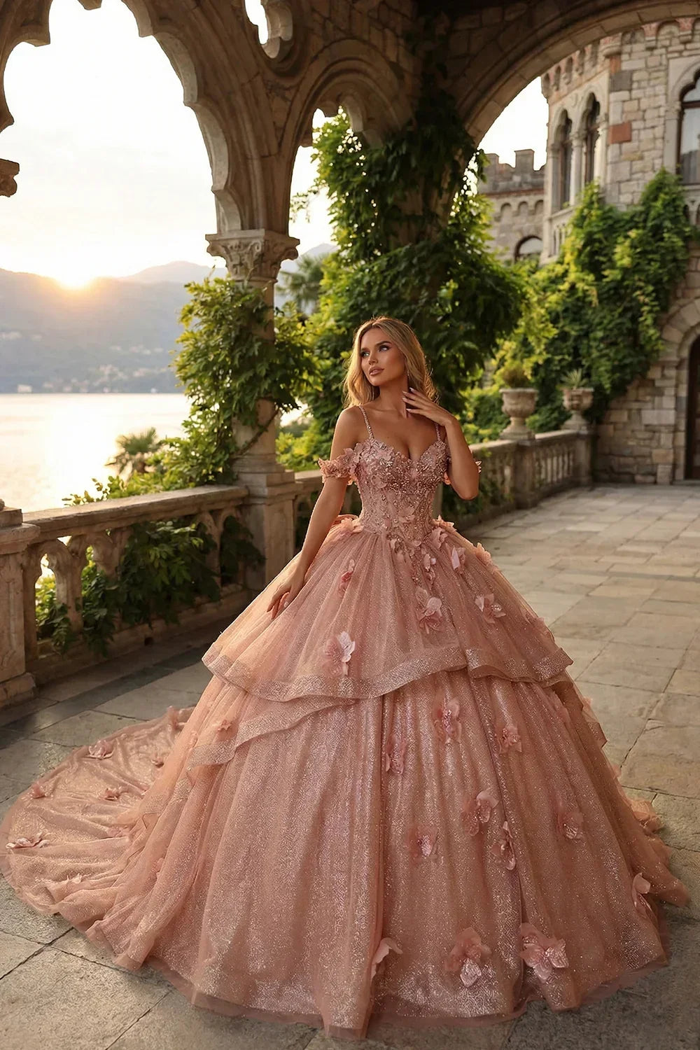 Camila Exquisite Ball Gown V Neck Ruffled Tulle Long Quinceañera Dress With Beading And Appliques