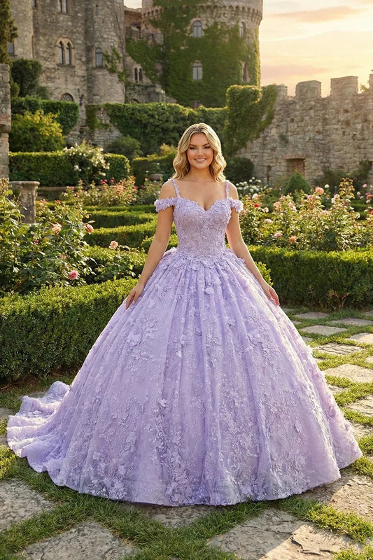 Isabella Exquisite Ball Gown V Neck Tulle Long Quinceañera Dress With Appliques And Bow