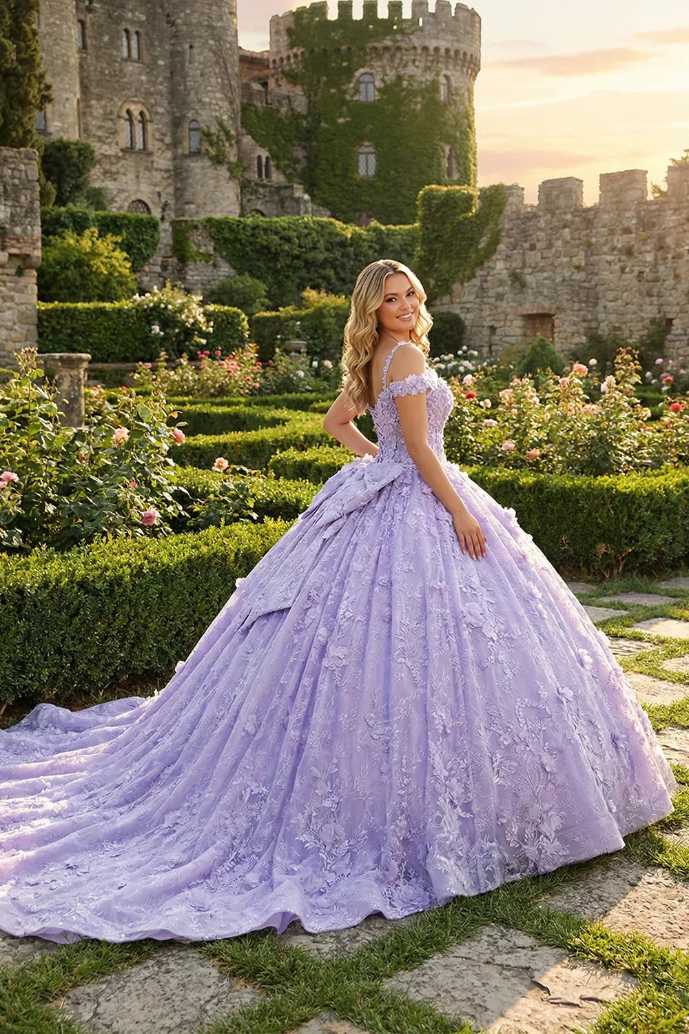 Isabella Exquisite Ball Gown V Neck Tulle Long Quinceañera Dress With Appliques And Bow
