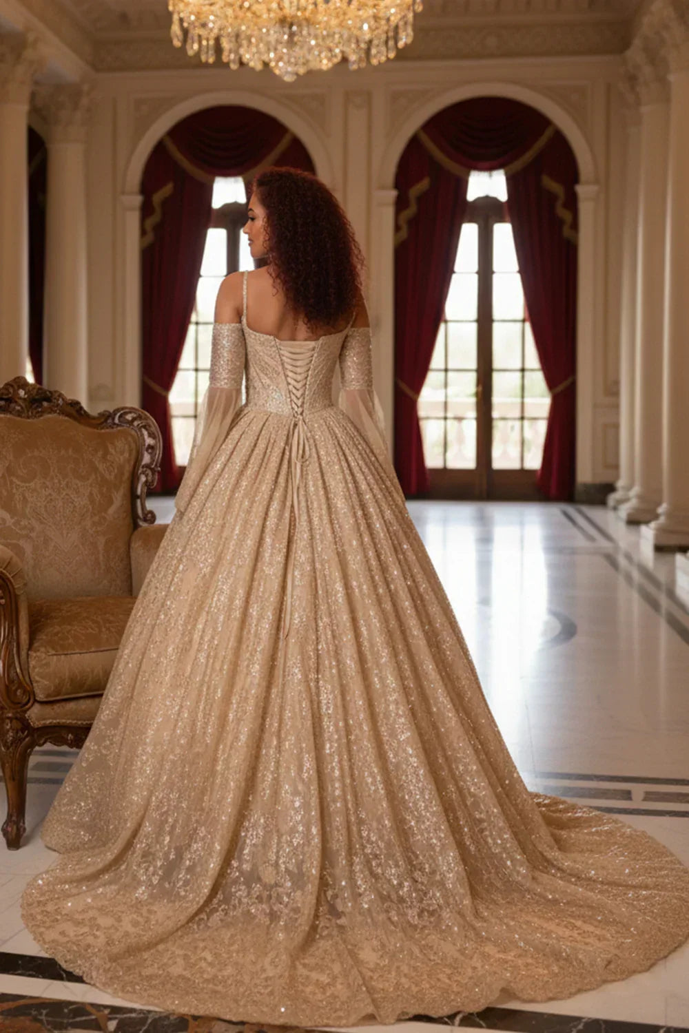 Solana Glittery Ball Gown Cold Shoulder Quinceañera Dress With Sheer Sleeves