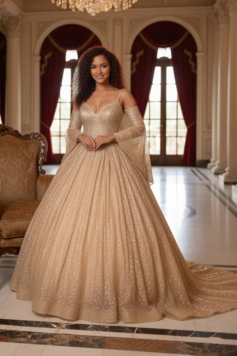 Solana Glittery Ball Gown Cold Shoulder Quinceañera Dress With Sheer Sleeves