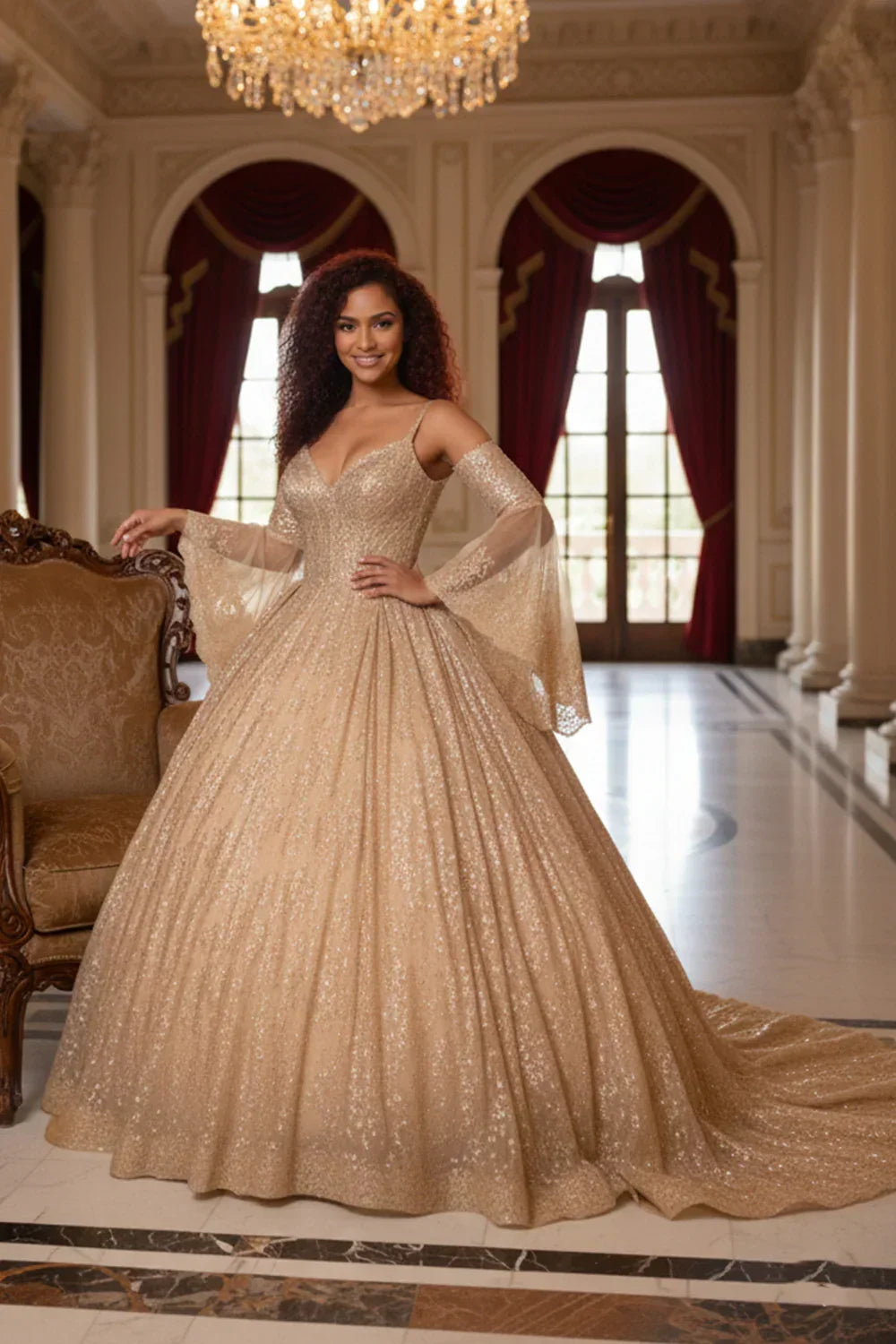 Solana Glittery Ball Gown Cold Shoulder Quinceañera Dress With Sheer Sleeves