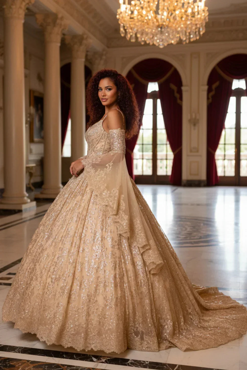 Solana Glittery Ball Gown Cold Shoulder Quinceañera Dress With Sheer Sleeves