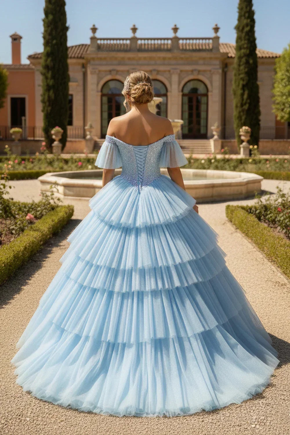 Aurora Layered Ruffle Ball Gown Off-the-shoulder Quinceañera Dress With Glitter