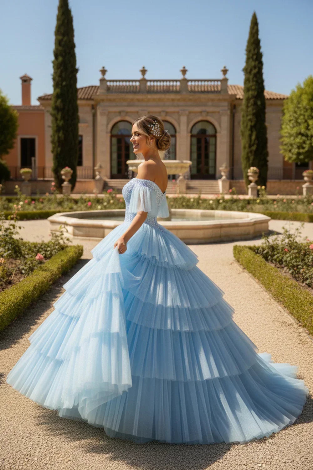 Aurora Layered Ruffle Ball Gown Off-the-shoulder Quinceañera Dress With Glitter